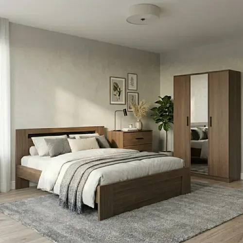 Armoire 3 portes avec miroir L. 139 cm AZUKA imitation noyer