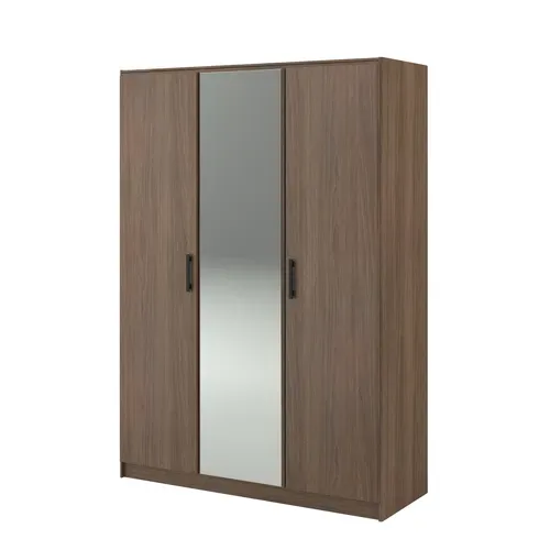 Armoire 3 portes avec miroir L. 139 cm AZUKA imitation noyer vue de profil