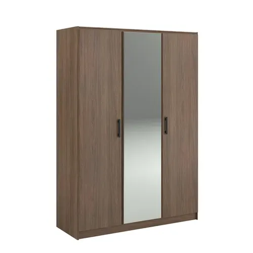 Armoire 3 portes avec miroir L. 139 cm AZUKA imitation noyer vue 3/4