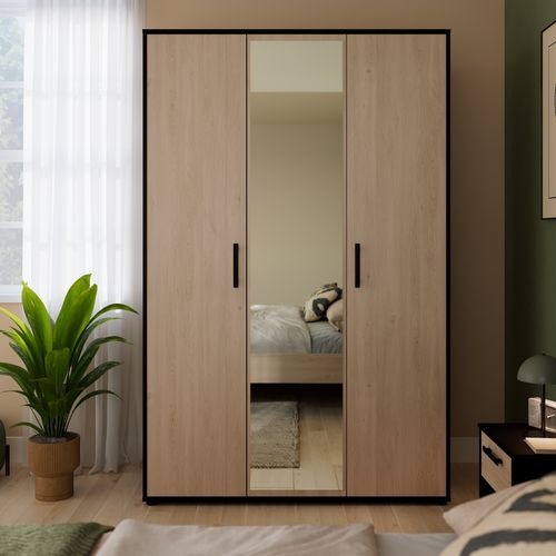 Armoire 3 portes CELEST imitation chêne et noir vue d'ambiance 1