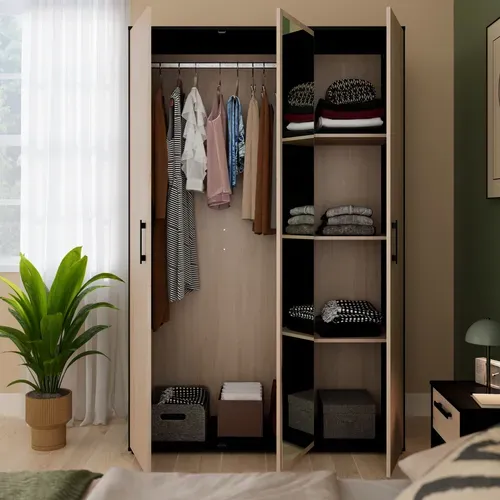 Armoire 3 portes CELEST imitation chêne et noir