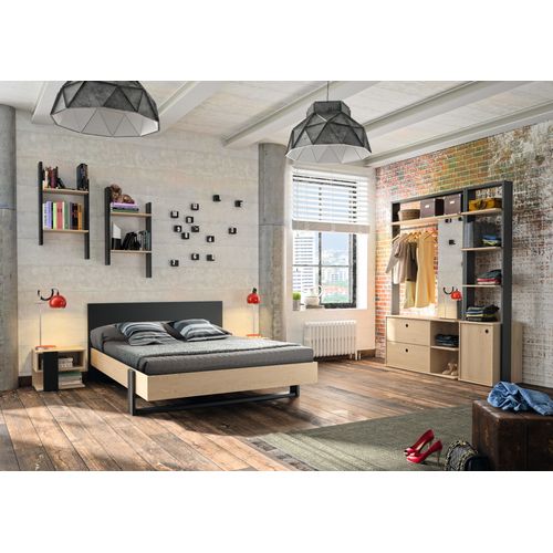 Lit 140x190 cm DUPLEX imitation châtaignier et noir vue d'ambiance 1