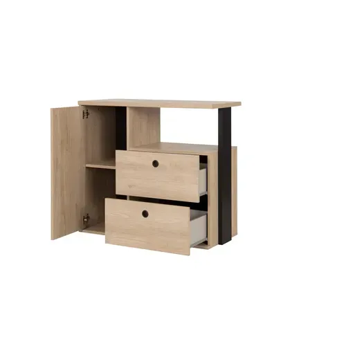 Commode 1 porte 2 tiroirs DUPLEX imitation châtaignier et noir vue détaillée