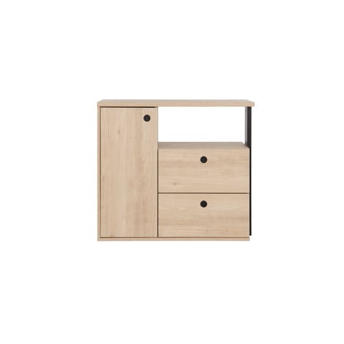 Commode 1 porte 2 tiroirs DUPLEX imitation châtaignier et noir vue de face