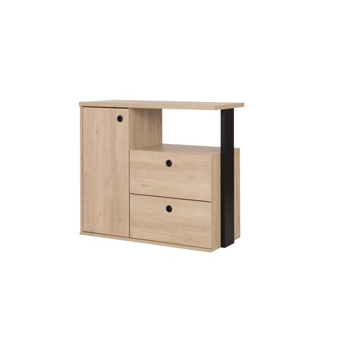 Commode 1 porte 2 tiroirs DUPLEX imitation châtaignier et noir vue de profil