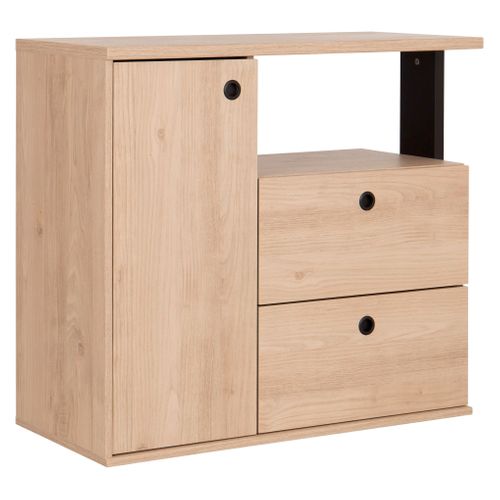 Commode 1 porte 2 tiroirs DUPLEX imitation châtaignier et noir vue 3/4