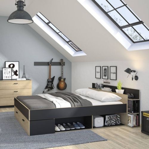 Lit 140x190 cm avec rangements TONIGHT imitation chêne et noir