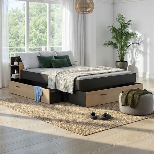 Lit 140x190 cm avec rangements TONIGHT imitation chêne et noir