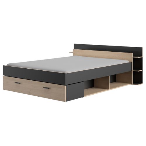 Lit 140x190 cm avec rangements TONIGHT imitation chêne et noir