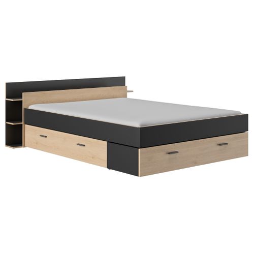 Lit 140x190 cm avec rangements TONIGHT imitation chêne et noir