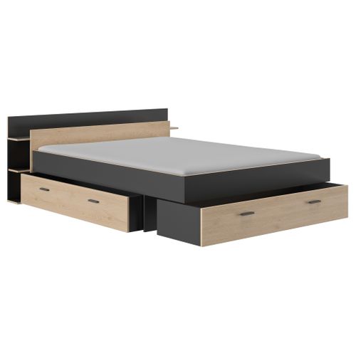 Lit 140x190 cm avec rangements TONIGHT imitation chêne et noir