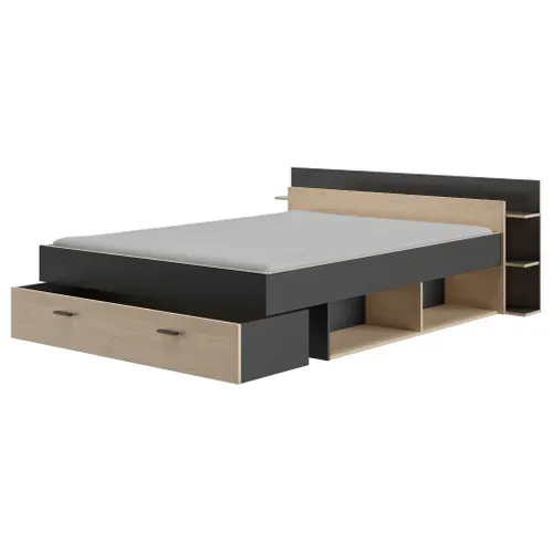 Lit avec rangements 140x190 cm - grands tiroirs TONIGHT imitation chêne et noir