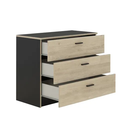 Commode 3 tiroirs TONIGHT - style industriel imitation chêne et noir