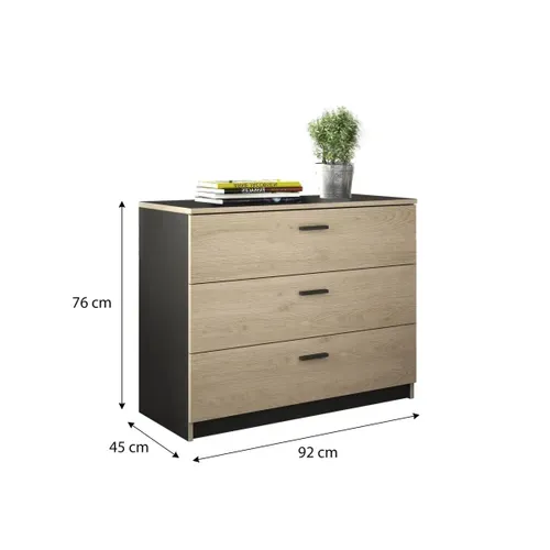 Commode 3 tiroirs TONIGHT - style industriel imitation chêne et noir