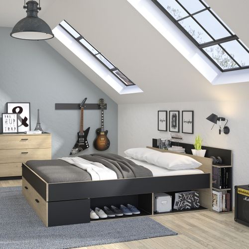 Lit avec rangements 160x200 cm TONIGHT imitation chêne et noir