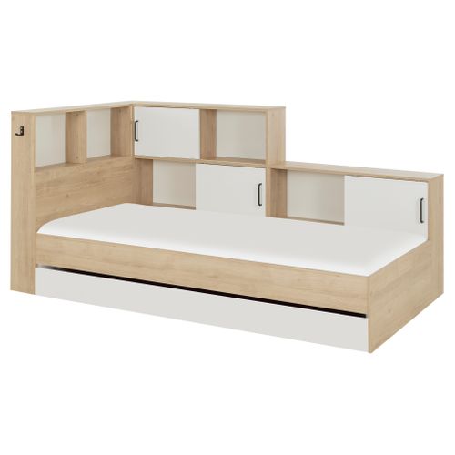 Lit 90x200 cm avec rangements ERWAN imitation chêne et blanc