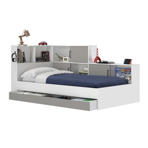 Lit 90x200 cm avec rangements ERWAN Gris et blanc