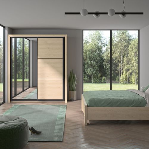 Armoire 2 portes coulissantes L.191 cm BRUGGES imitation châtaignier naturel vue d'ambiance 1