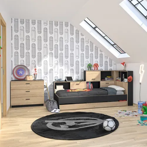 Lit 90x200 cm avec rangements ERWAN imitation chêne et noir vue d'ambiance 1