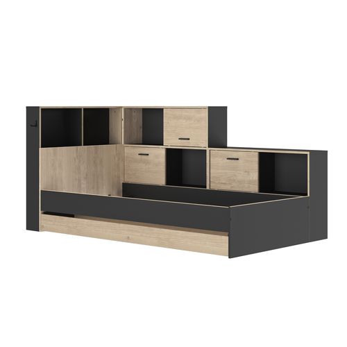 Lit 90x200 cm avec rangements ERWAN imitation chêne et noir vue de profil