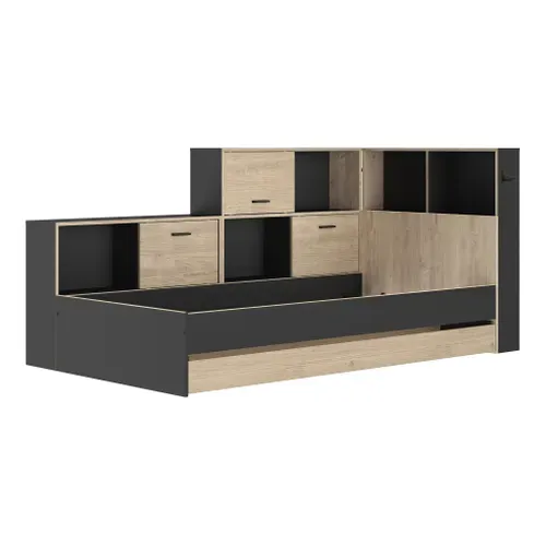 Lit 90x200 cm avec rangements ERWAN imitation chêne et noir vue 3/4