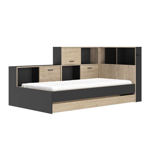 Lit 90x200 cm avec rangements ERWAN imitation chêne et noir
