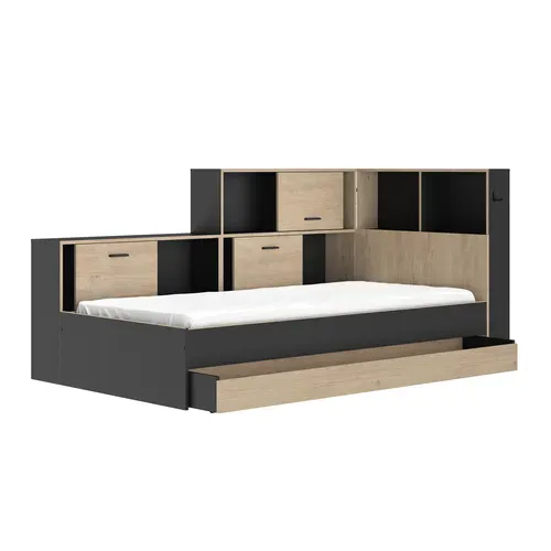 Lit 90x200 cm avec rangements ERWAN imitation chêne et noir