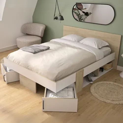 Lit 140x190cm 2 tiroirs + 2 niches SWIVEL imitation chêne et blanc vue d'ambiance 1