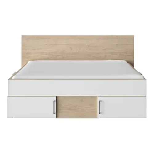 Lit 140x190cm 2 tiroirs + 2 niches SWIVEL imitation chêne et blanc vue de face