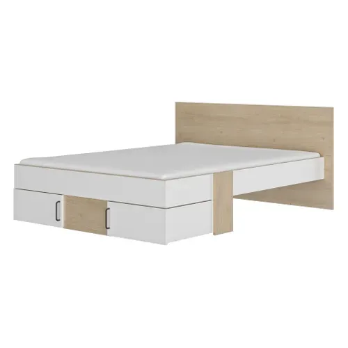 Lit 140x190cm 2 tiroirs + 2 niches SWIVEL imitation chêne et blanc vue de profil