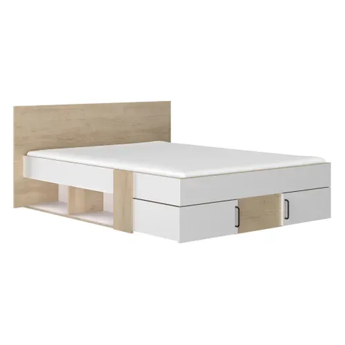Lit 140x190cm 2 tiroirs + 2 niches SWIVEL imitation chêne et blanc vue 3/4