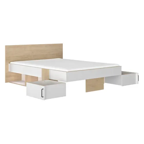 Lit 140x190cm 2 tiroirs + 2 niches SWIVEL imitation chêne et blanc