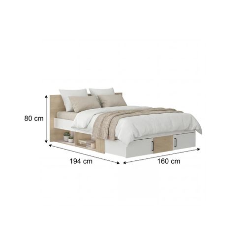 Lit 140x190cm 2 tiroirs + 2 niches SWIVEL imitation chêne et blanc