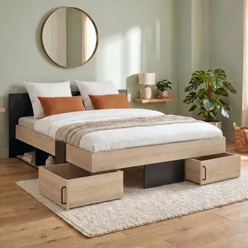 Lit avec rangements 140x190 cm tiroirs et niches SWIVEL imitation chêne et noir