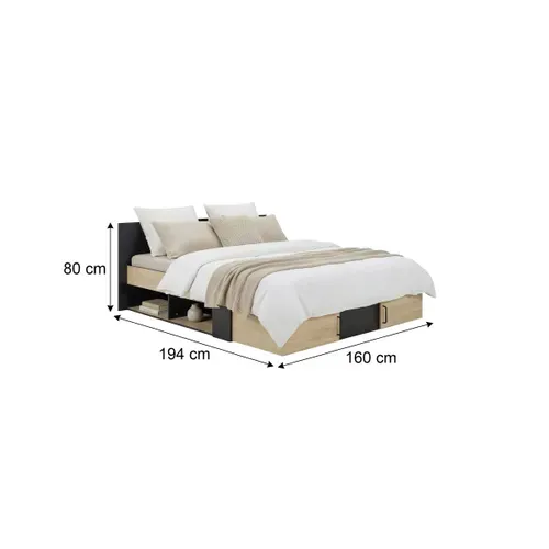 Lit avec rangements 140x190 cm tiroirs et niches SWIVEL imitation chêne et noir