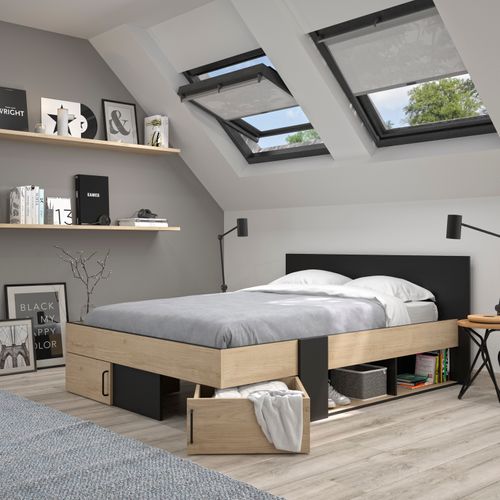 Lit 160x200cm 2 tiroirs + 2 niches SWIVEL imitation chêne et noir