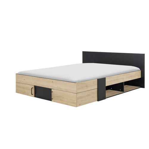Lit 160x200cm 2 tiroirs + 2 niches SWIVEL imitation chêne et noir