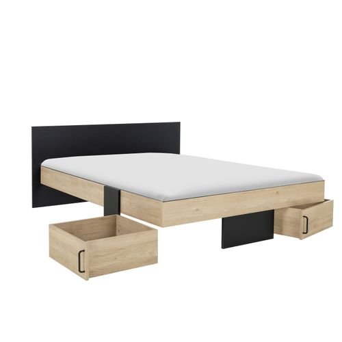 Lit 160x200cm 2 tiroirs + 2 niches SWIVEL imitation chêne et noir