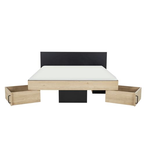 Lit 160x200cm 2 tiroirs + 2 niches SWIVEL imitation chêne et noir