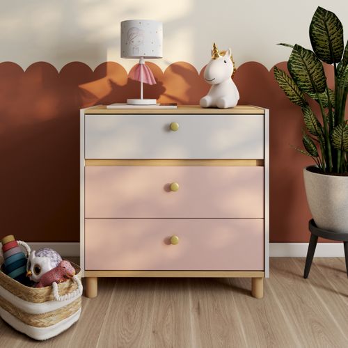 Commode 3 Tiroirs Romy Imitation Chêne, Rose Et Blanc