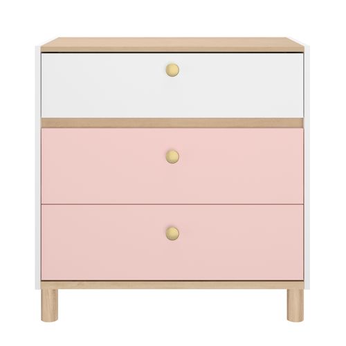 Commode 3 Tiroirs Romy Imitation Chêne, Rose Et Blanc