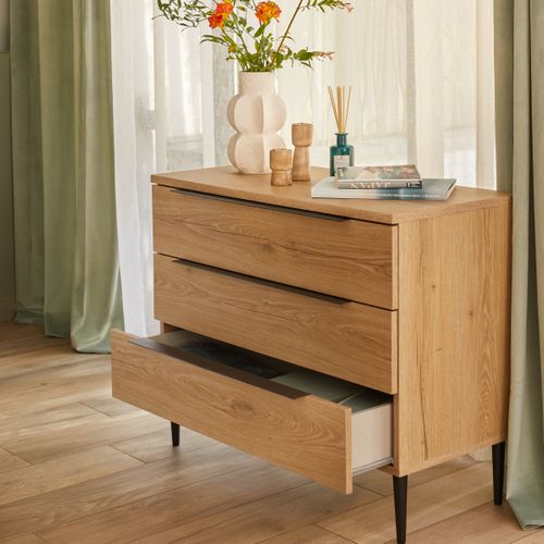 Commode 3 tiroirs LUCIAN imitation chêne vue d'ambiance 1