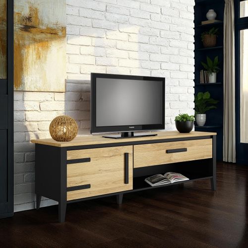 Meuble TV 1 porte/1 tiroirs CORK imitation chêne/noir vue d'ambiance 1