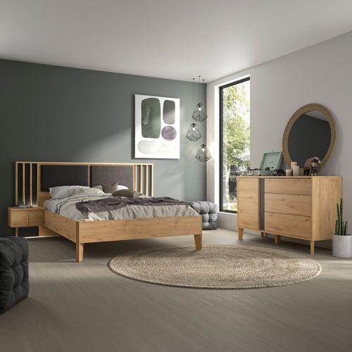 Commode 3 tiroirs 1 porte RIVOLI imitation chêne et anthracite vue d'ambiance 1