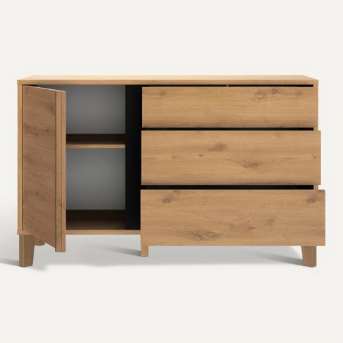 Commode 3 tiroirs 1 porte RIVOLI imitation chêne et anthracite