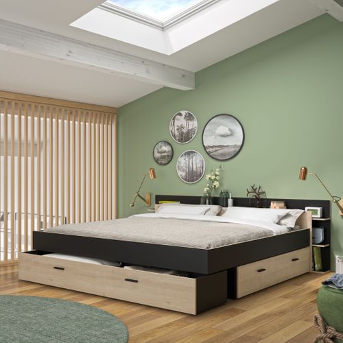 Lit 180x200 cm avec rangements TONIGHT noir et imitation chêne