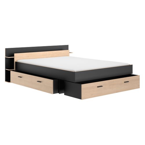 Lit 180x200 cm avec rangements TONIGHT noir et imitation chêne
