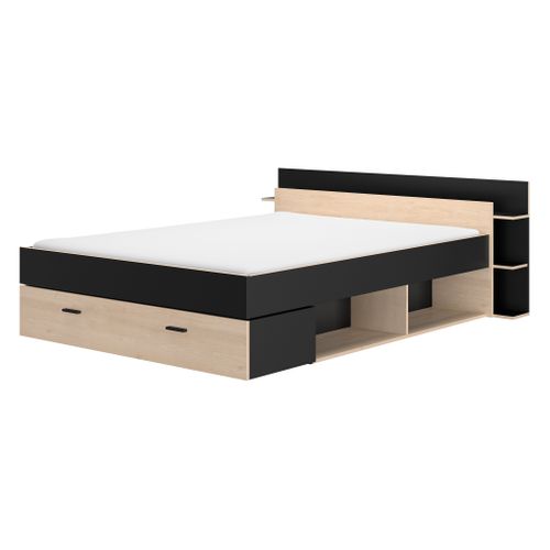 Lit 180x200 cm avec rangements TONIGHT noir et imitation chêne