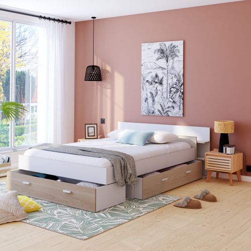 Lit 140x190 cm avec rangements TONIGHT blanc et imitation chêne