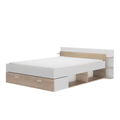 Lit 140x190 cm avec rangements TONIGHT blanc et imitation chêne
